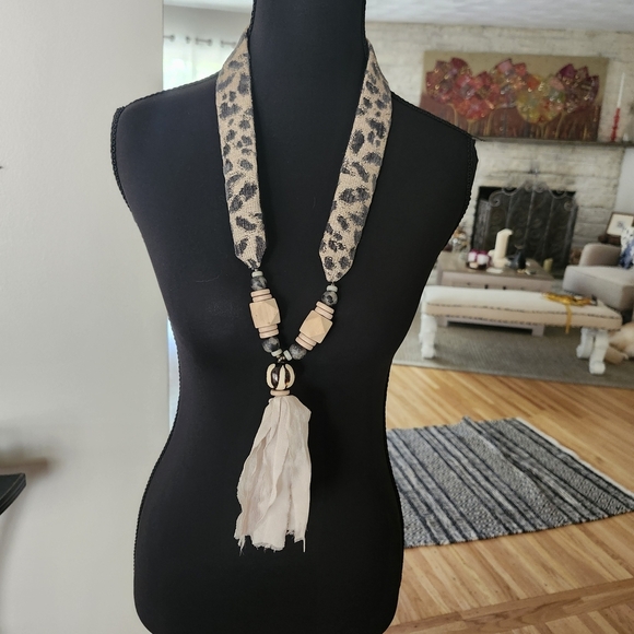 Black and Cream Tassel Necklace with Leopard Print - Picture 1 of 2